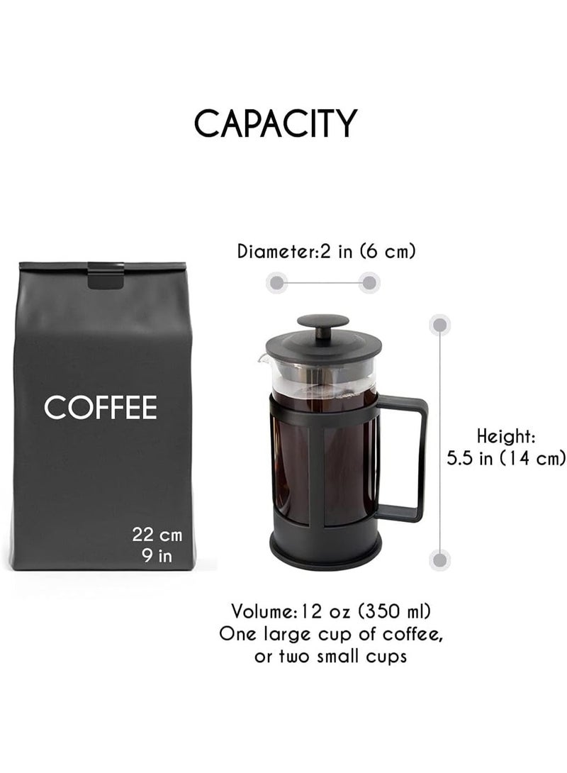 ماكينة تحضير القهوة الفرنسية سعة 350 مل - مصنوعة من زجاج البوروسيليكات المتين مع فلتر ثلاثي من الفولاذ المقاوم للصدأ لتحضير الإسبريسو والقهوة والشاي، مقاومة للحرارة، بتصميم أسود أنيق - Image 3